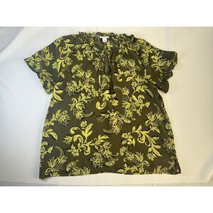 Liz Claiborne Brown Blouse‎ Yellow Paisley Short Sleeve Size Large Tied Front